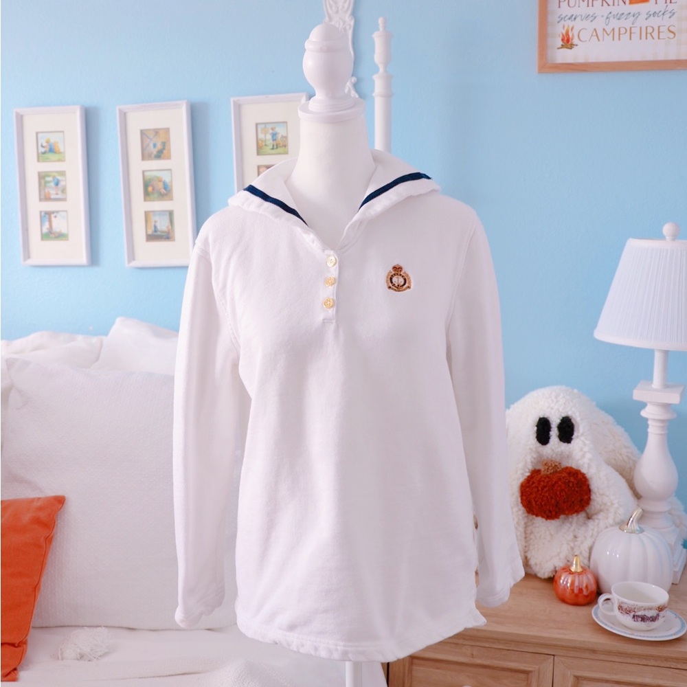 Ralph Lauren White Sailor Pullover with Navy Trim and Gold Buttons